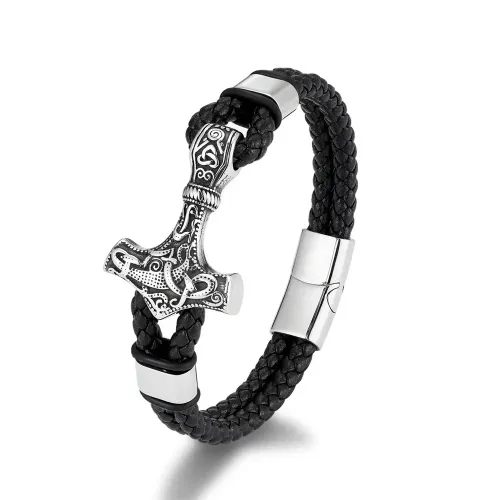 BTM804 Men's Nordic Viking Leather Bracelet with Multi-Layer Woven Cord