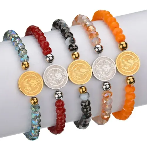 BTM1676 Handcrafted Beaded Double-Sided Engraved Round Tag Stainless Steel Bracelet for Women Colorful Beads Red Accent