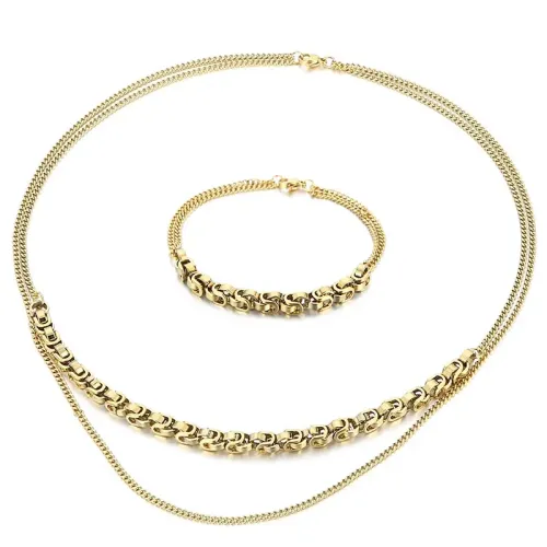 BTM956 Hip Hop Street Style Double-Layer Necklace Bracelet Set 18K Real Gold Plated Stainless Steel