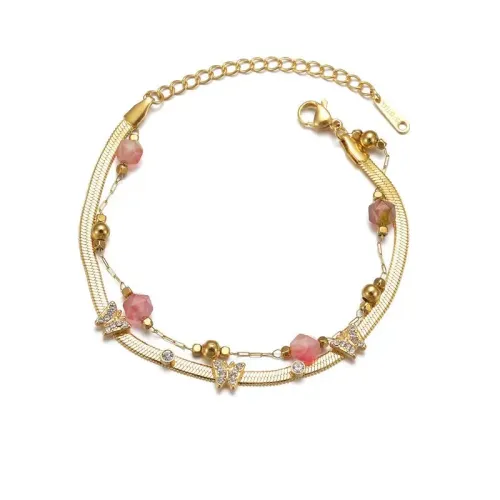 BTM1576 14K Gold Titanium Steel Butterfly Double Layer Beaded Bracelet for Women Luxury Accessory