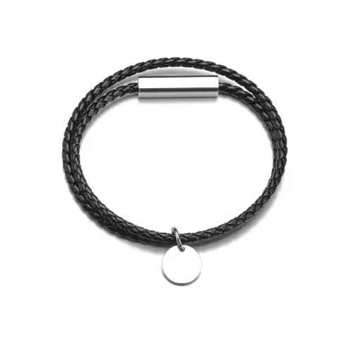 BTM1561 Stainless Steel Braided Leather Rope Round Pendant Bracelet Punk Couple Jewelry