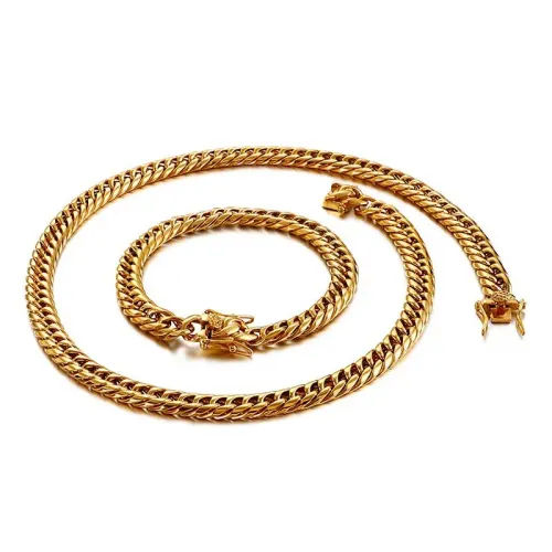 BTM1366 Rugged Stainless Steel Men's Necklace Bracelet Set Flat Titanium Jewelry Ensemble