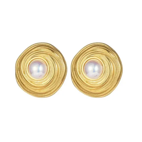 ETM608 18K Gold Plated Stainless Steel Pearl Circle Earrings Round Fashion Jewelry