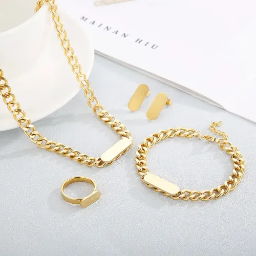 ETM487 Gold Square Pendant Cuban Chain Stainless Steel Necklace Earrings Set for Women