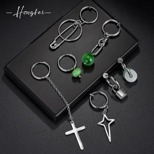 ETM789 Titanium Steel No-Piercing Ear Clips with Punk Long Chain Cone Design