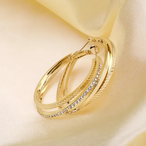 ETM531 Hip Hop Large Double Hoop Earrings Stainless Steel with Vacuum Gold Plating Rhinestones