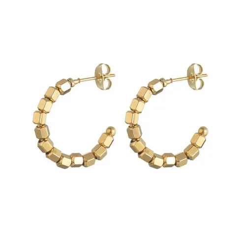 ETM646 14K Gold Hexagonal Bead C-Shaped Earrings for Women Chic Jewelry Accessory