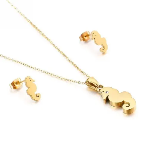 ETM243 Seahorse Charm Stainless Steel Necklace Earring Set Animal Inspired Jewelry