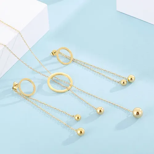 ETM448 Asymmetric Titanium Steel Circle Tassel Bead Long Earrings for Women