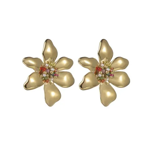 ETM537 14K Gold Flower Earrings with Colorful Beaded Pistils Stainless Steel Studs
