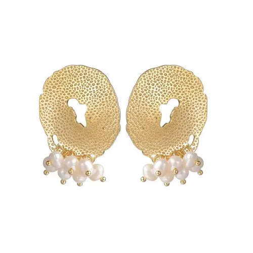 ETM672 Bohemian Titanium Steel Irregular Pleated Pearl Earrings for Women Unique Drop Jewelry