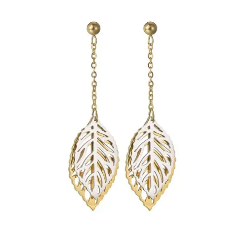 ETM666 Dual-Layer Long Tassel Leaf Earrings in 18K Gold Plated Stainless Steel for Women
