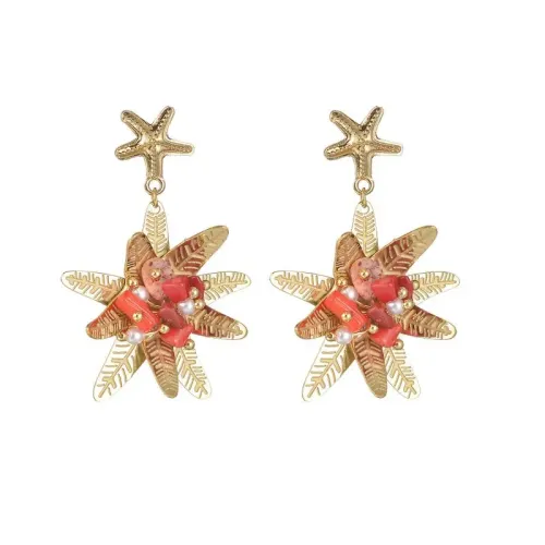 ETM546 Chic Titanium Steel Star flower Pearl Earrings with Gemstone Accents for Women