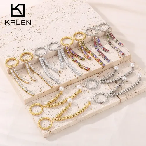 ETM385 Elegant Rhinestone Tassel Long Chain Titanium Steel Earrings Exquisite Dangle Jewelry