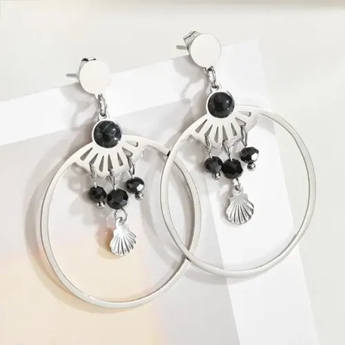 ETM647 Shell Circle Earrings with Peacock Stone Studs in Stainless Steel for Women