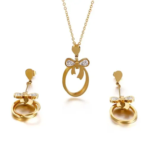 ETM452 Titanium Steel Bowknot Geometric Hollow Necklace Earrings Set for Women