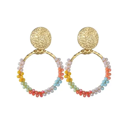 ETM536 14K Gold Irregular Textured Disc Earrings with Colorful Tassel Accents
