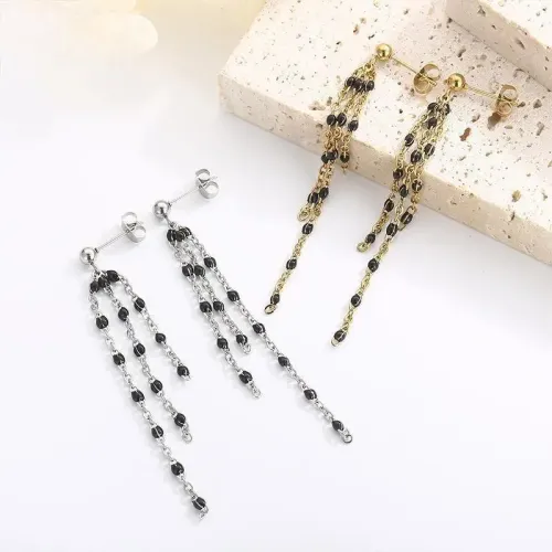 ETM296 Minimalist Titanium Steel Chain Earrings with Bohemian Tassel and Resin Beads for Women