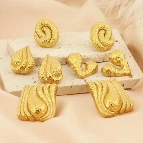 ETM479 18K Gold Plated Heart Earrings Stainless Steel Square Textured Geometric Jewelry