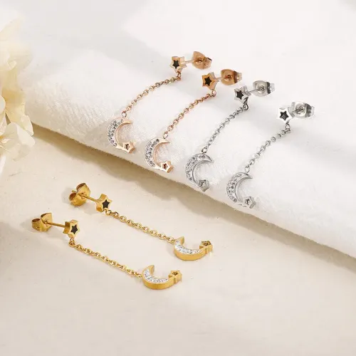 ETM387 Stainless Steel Moon Star Long Titanium Stud Earrings Celestial Ear Jewelry