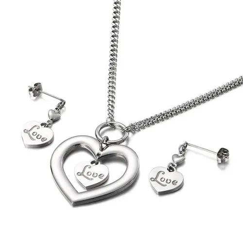 ETM473 Hollow Double Heart LOVE Necklace Earrings Set Romantic Jewelry Combo