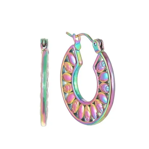 ETM826 Colorful Hollow Stainless Steel Leaf Hoop Earrings for Women Chic Ear Clasps