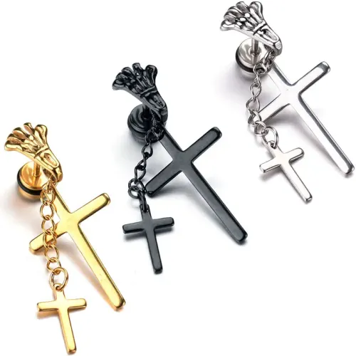 ETM739 Men's Titanium Steel Earrings Skull Double Cross Chain Stainless Steel Studs