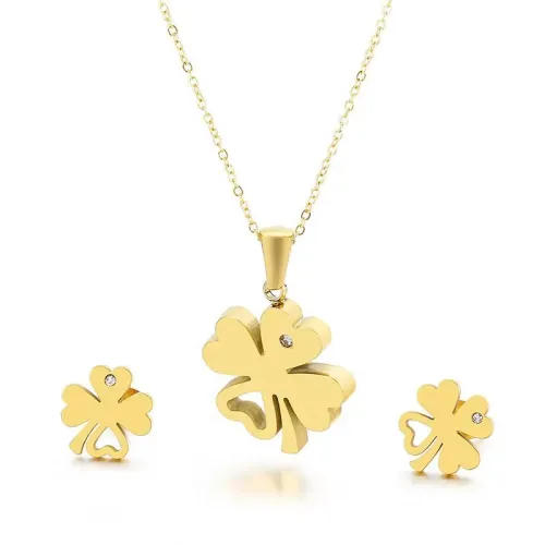 ETM317 Titanium Steel Clover Hollow-Out Clavicle Necklace Earring Set Elegant Jewelry Combo