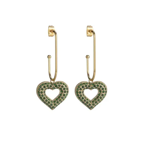 ETM554 14K Gold Geometric Hollow Heart Pendant Earrings with Stainless Steel Emerald Drop