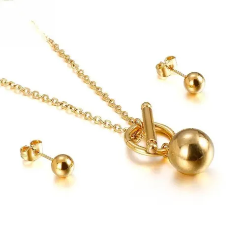 ETM388 Elegant Gold Ball Earrings with OT Clasp Necklace Chic Round Bead Studs