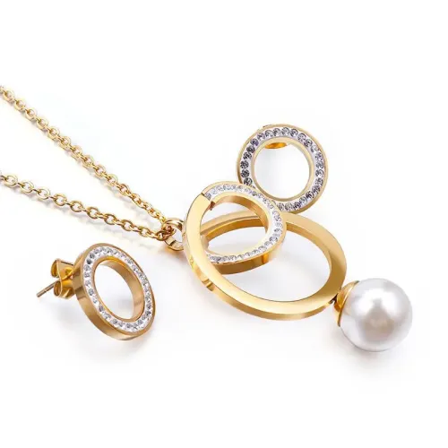 ETM444 Geometric Circle Diamond Pearl Pendant Elegant Earrings and Necklace Set