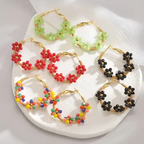 ETM592 14K Gold Beaded Flower Wire Wrap Earrings for Women Stainless Steel Jewelry
