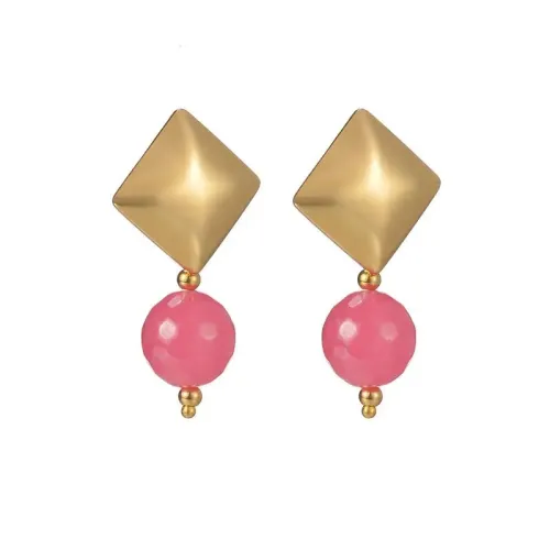 ETM718 14K Gold Rhombus Bead Earrings for Women Stainless Steel Colorful Studs