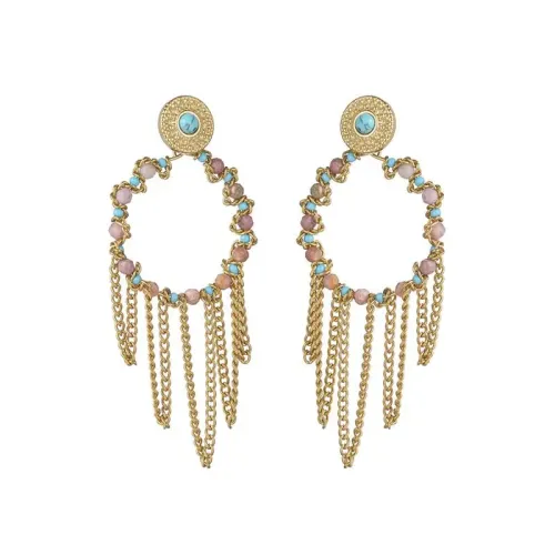ETM539 14K Gold Beaded Tassel Earrings with Turquoise Drops for Women