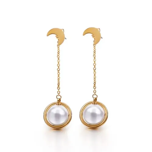 ETM480 Pearl Tassel Titanium Steel Earrings Moon Drop Stainless Steel Jewelry