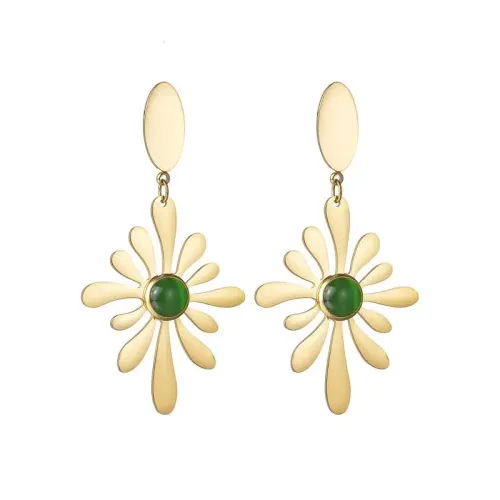 ETM678 Stainless Steel Green Gemstone Flower Earrings Baroque Style Jewelry