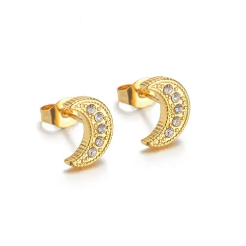 ETM782 18K Gold Plated Stainless Steel Moon Diamond Stud Earrings Chic Small Jewelry