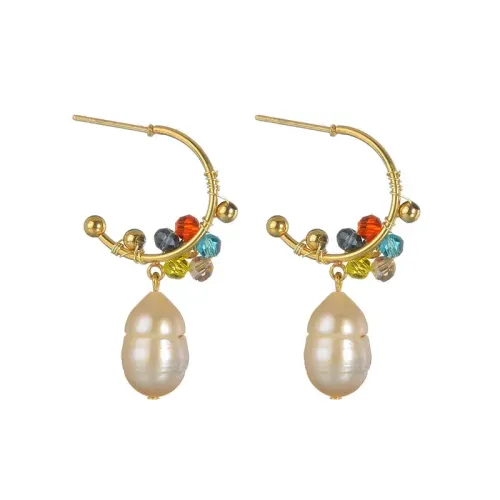 ETM563 Gold Five-Petal Pearl Drop Earrings Women Elegant Jewelry