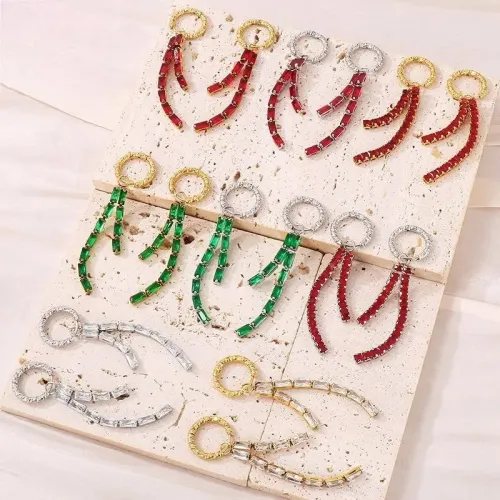 ETM465 Elegant Tassel Drop Earrings with 18K Gold Plated Rectangle Cubic Zirconia in Titanium Steel