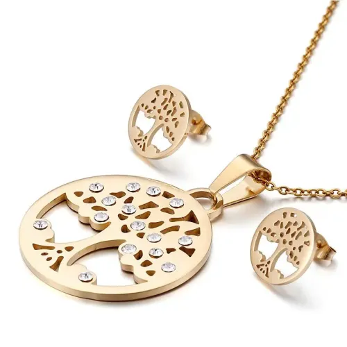 ETM464 Sparkling Diamond Tree of Life Earrings Necklace Set Plant-Inspired Jewelry