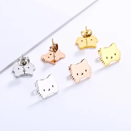 ETM233 Cute Gold-Tone Titanium Steel Cat Stud Earrings Adorable Kitty Jewelry for Cat Lovers