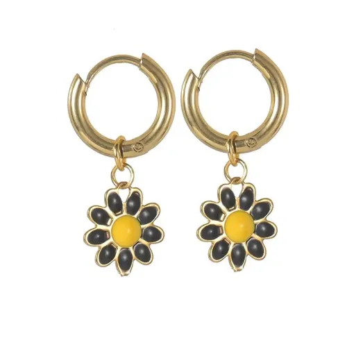 ETM706 14K Gold Enamel Flower Stud Earrings for Women Stainless Steel Floral Jewelry