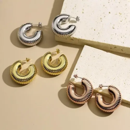 ETM352 18K Gold Plated Hollow C-Shaped Twist Hoop Earrings for Women Stainless Steel