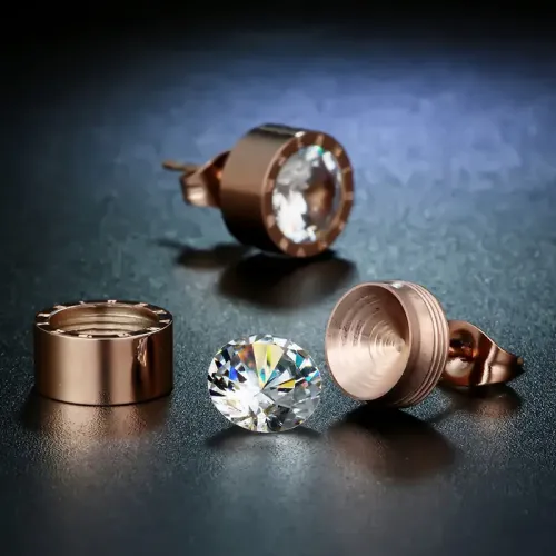 ETM566 Titanium Steel Drop Earrings in Rose Gold Women's Round Birthstone Studs