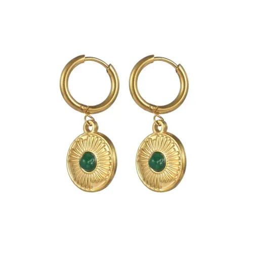 ETM597 18K Gold Plated 304 Stainless Steel Earrings for Women Natural Emerald Stone Drops