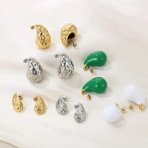 ETM329 18K Gold Stainless Steel Water Drop Hammered Hollow Earrings Geometric Studs