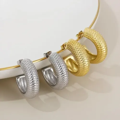 ETM484 18K Real Gold Stainless Steel Chunky Cylinder Fish Scale C-Shaped Earrings Jewelry