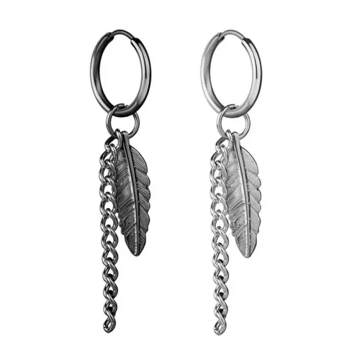 ETM735 Titanium Steel Piercing Hoop Earrings for Men Chain Tassel Leaf Design for Women