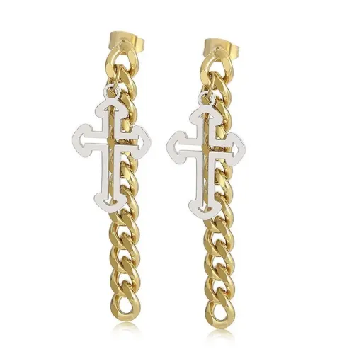 ETM383 Women's Titanium Steel Gold Cross Chunky Chain Stud Earrings Street Style Ear Jewelry