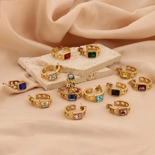 ETM460 Multicolor Cubic Zirconia Stainless Steel Textured Rectangular Earrings